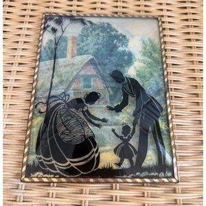 Vintage 40's Reverse Painted Victorian Couple Toddle Convex Glass Picture